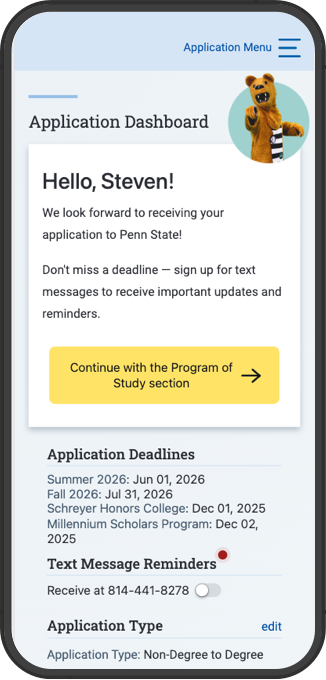 Screenshot displaying the Undergraduate Admissions application dashboard in mobile view.