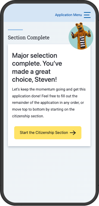 Mobile screenshot displaying a success message: Major selection complete.