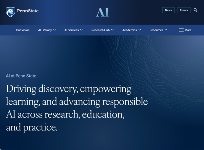 Screenshot of a webiste highlighting AI initatives. Text reads Driving discovery, empowering learning, and advancing responsible AI across research, education, and practice.