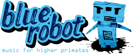 Bright blue and dark blue logo that depicts an abstract robot with the words Blue Robot
