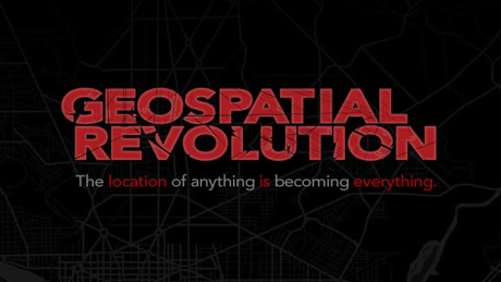 Dark red sketchy text logo that reads Geospatial Revolution.