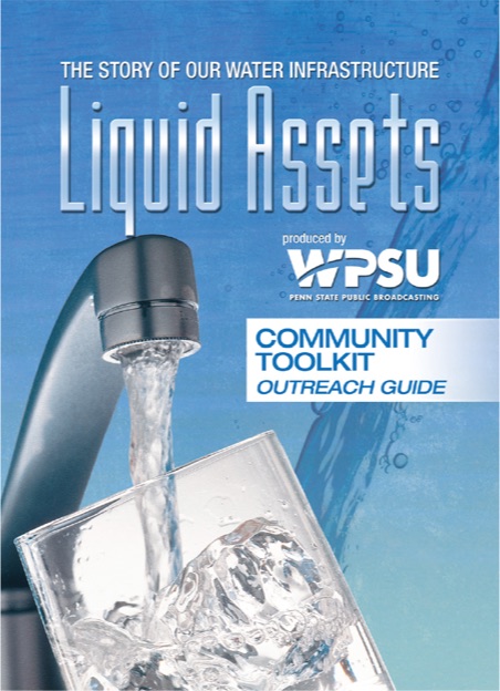 Photo composite of a tap and filling water glass with the words The Story of our Water Infrastructure - Liquid Assets.