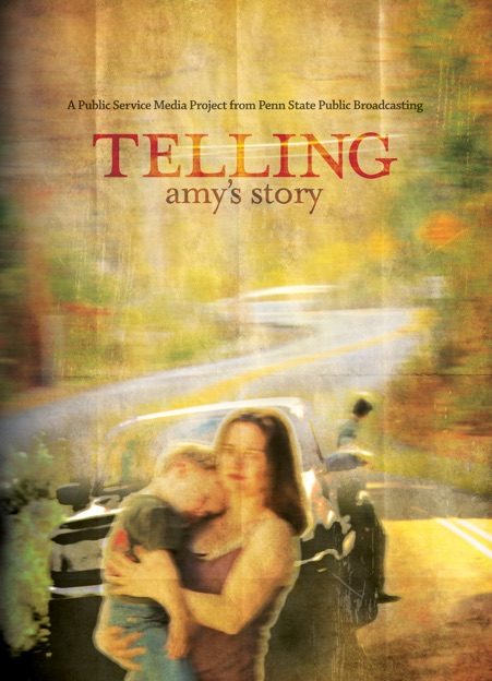 Watercolor effect photo illustration of a winding road and a woman holding a child - overlaid with the words Telling Amy's Story.