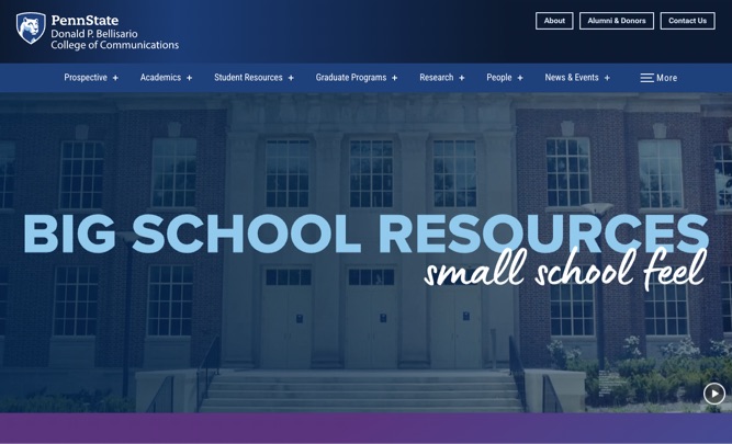 Website screenshot featuring a brick building with large windows and three tall doors overlaid with the text Big School Resources, Small School Feel.