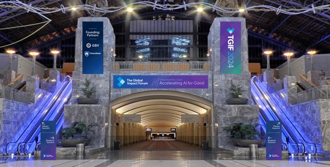 Mockup of large-scale banners and wayfinding signage inside Philadelphia's Pennsylvania Convention Center.